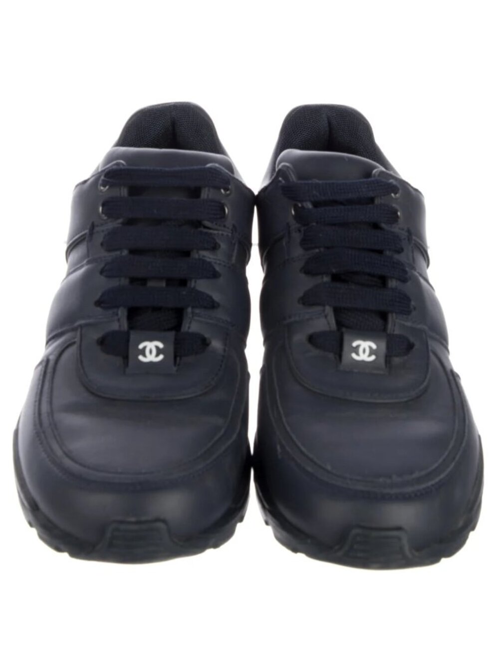 Chanel  Interlocking CC Logo Black White Leather Athletic Sneakers 38 - Picture 2 of 10